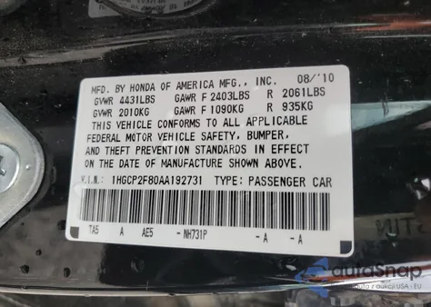 2010 Honda Accord Exl z USA, uszkodzony, nr VIN 1HGCP2F80AA192731